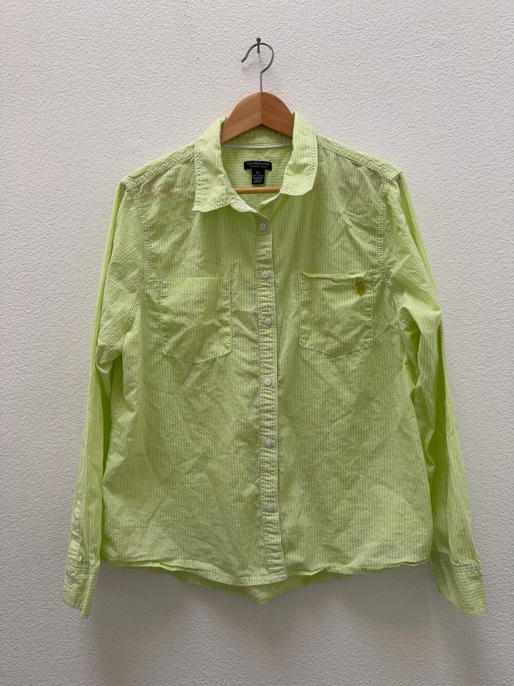 U.S. Polo Assn. Women's XL Lime Green White Striped Button Shirt Long Sleeve